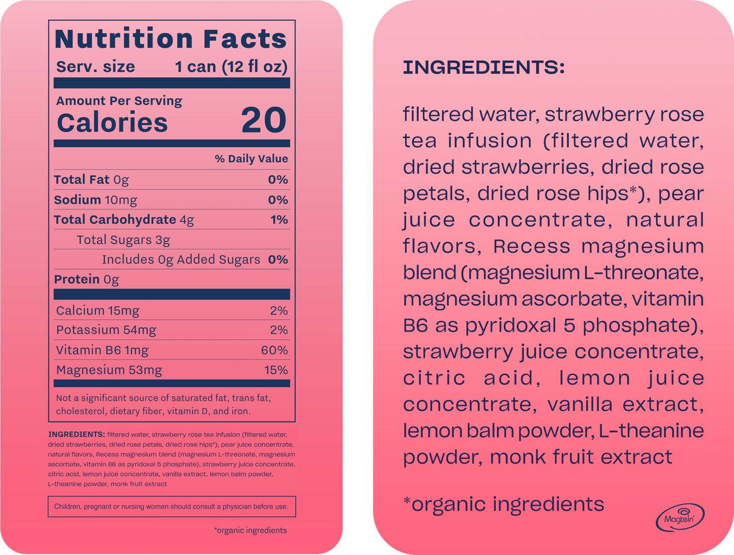 Drink Recess Inc. Magnesium dietary product Drink, Strawberry Rose, 12 Fl Oz, Pack of 12