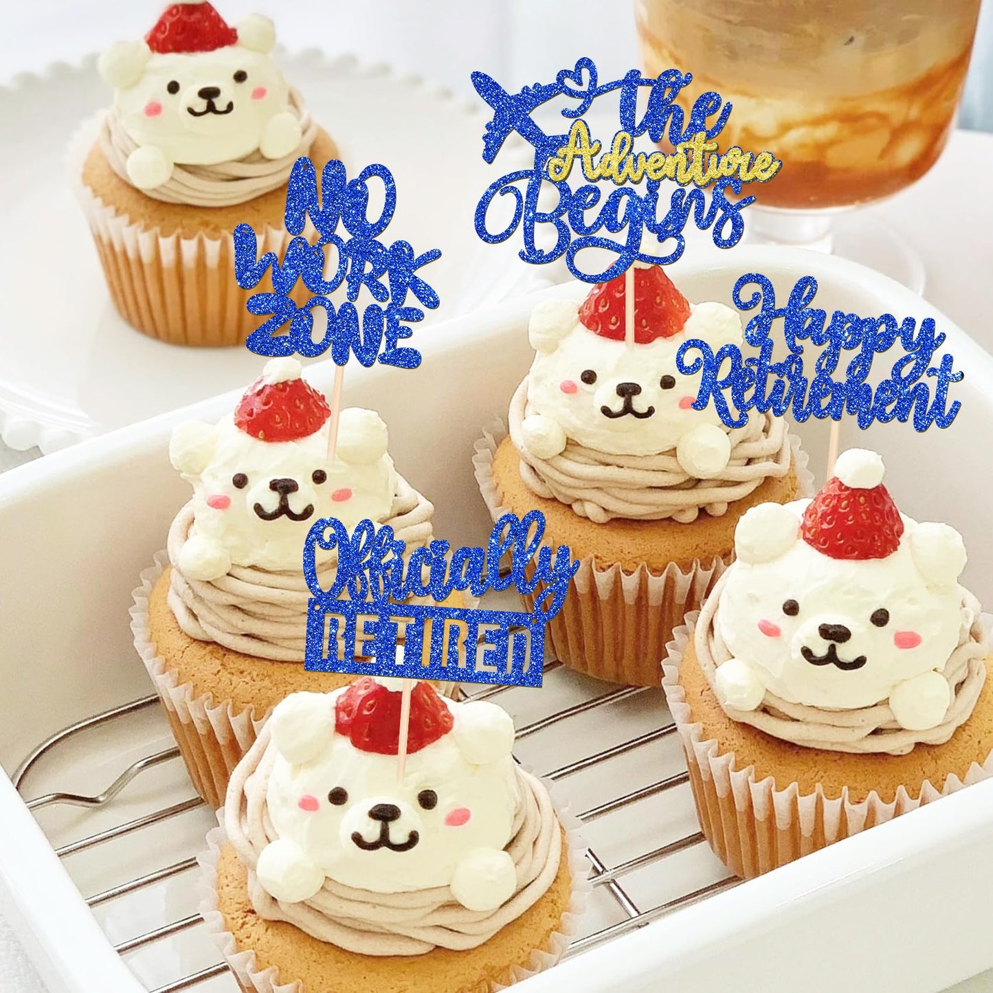 Rssta i Cupcake Toppers, 24 Pack Retirement Decoration, Glitter No Work Zone, Paper, 2.8 x 4.4 inches, Design 3 Blue