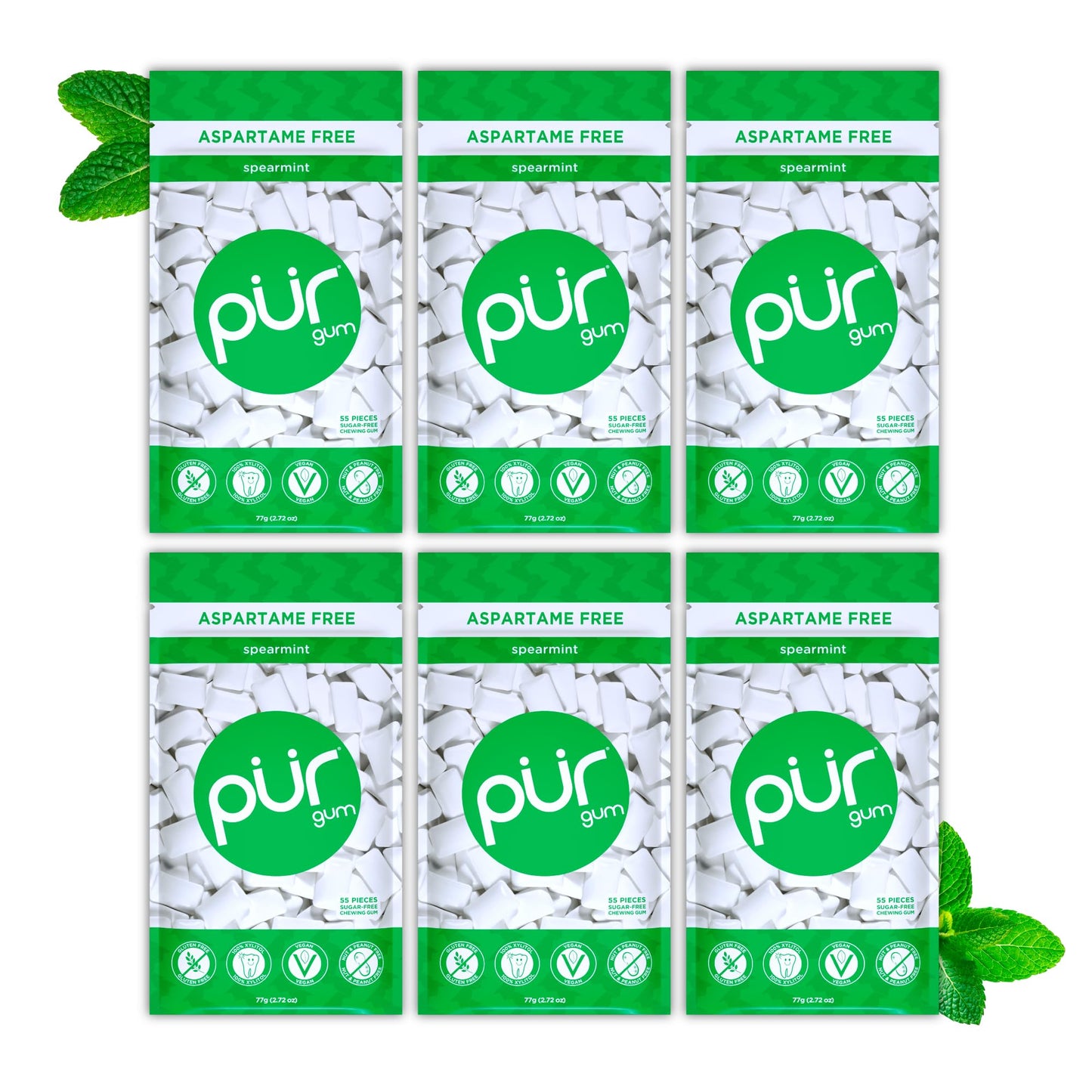 Pur Gum | Aspartame Free Chewing Gum | 100% Xylitol | Natural Spearmint Flavored Gum, 55 Pieces (Pack Of 6)