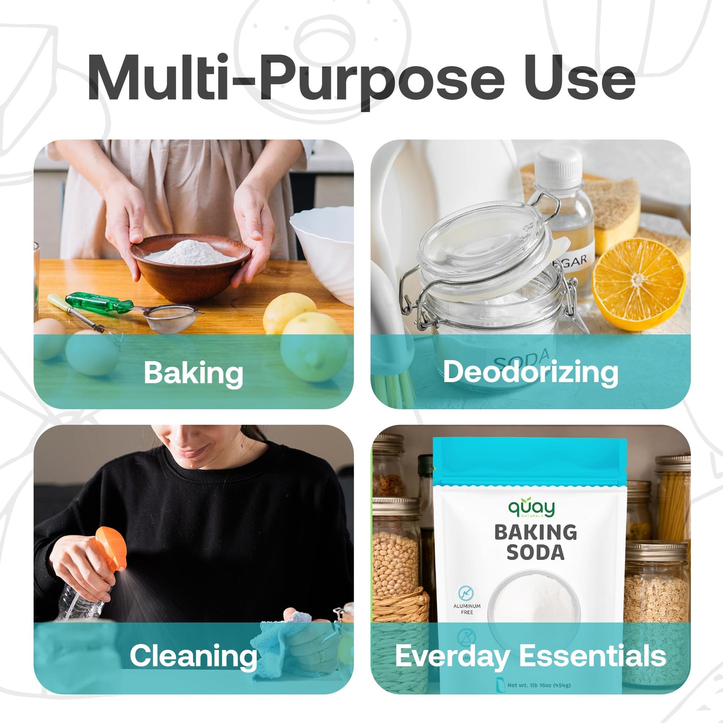 Quay Naturals Pure Baking Soda 1lb - Aluminum-Free, Food-Grade, Multi-Purpose - For Baking, Cleaning & Deodorizing - Vegan, Glut
