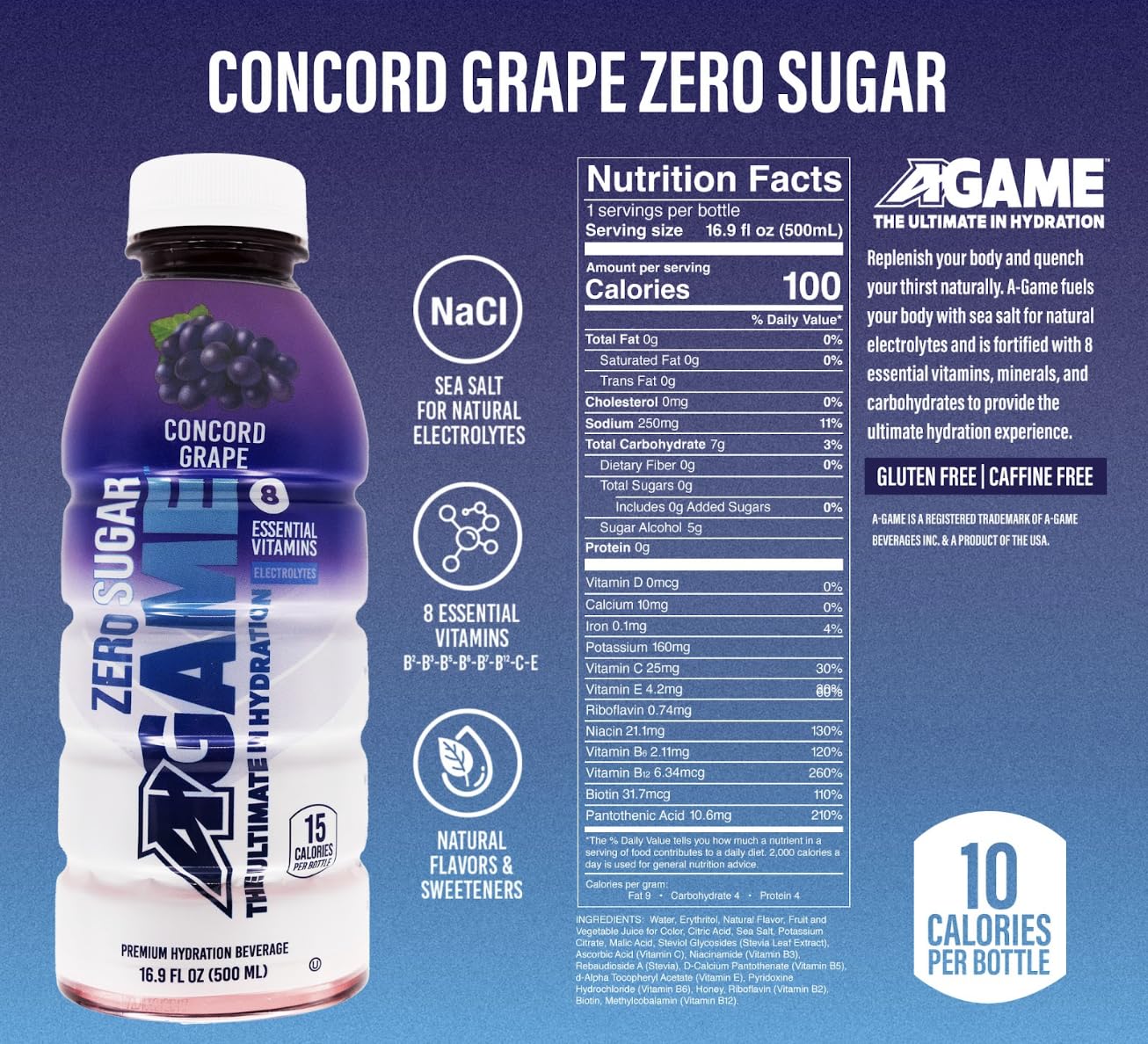 A-Game Zero Sugar Sports Drink, Concord Grape Zero, Sugar Frenatural Flavors, Gluten Free & Keto Friendly, 16.9 Fl Oz (Pack Of 1