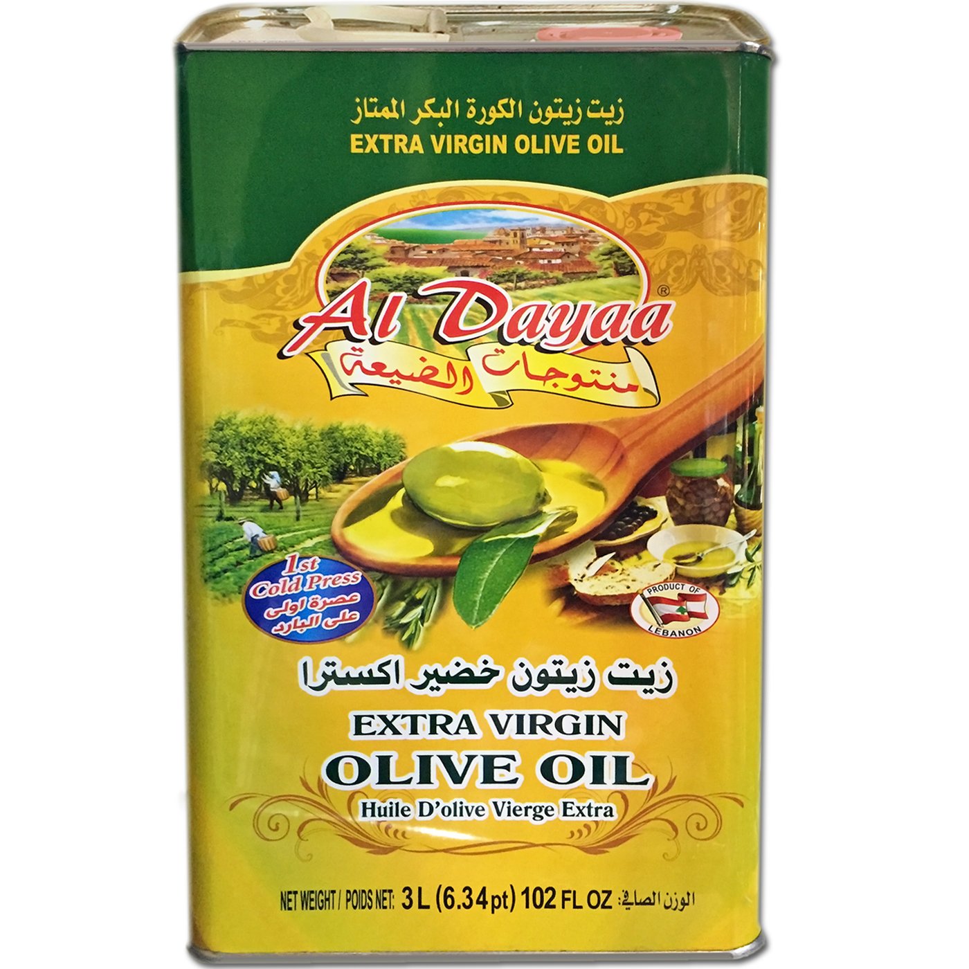 Al Dayaa - Extra Virgin Olive Oil, 3L (102 Fl Oz), Product Of Lebanon