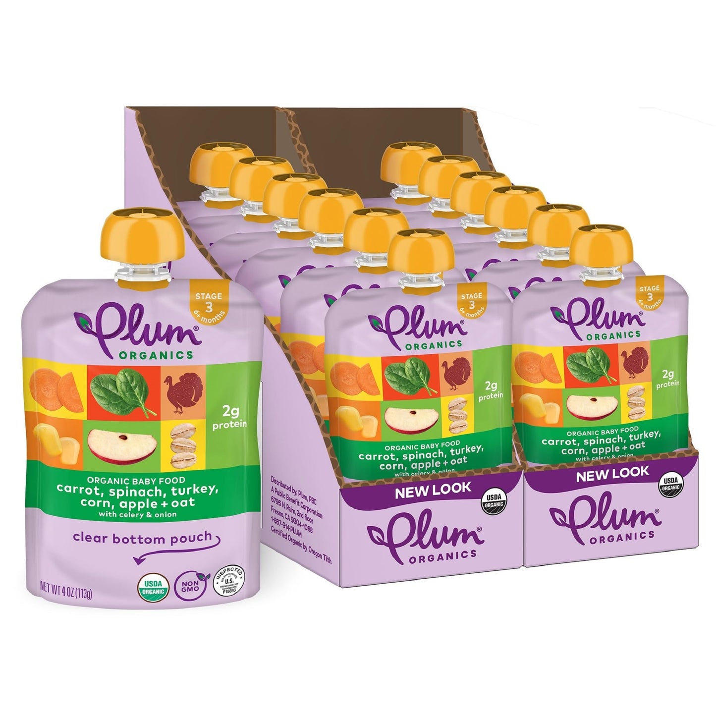 Plum Organics Stage 3 Organic Baby Food - Carrot, Spinach, Turkey, Corn, Apple, And Oat - 4 Oz Pouch (Pack Of 12) - Organic Baby