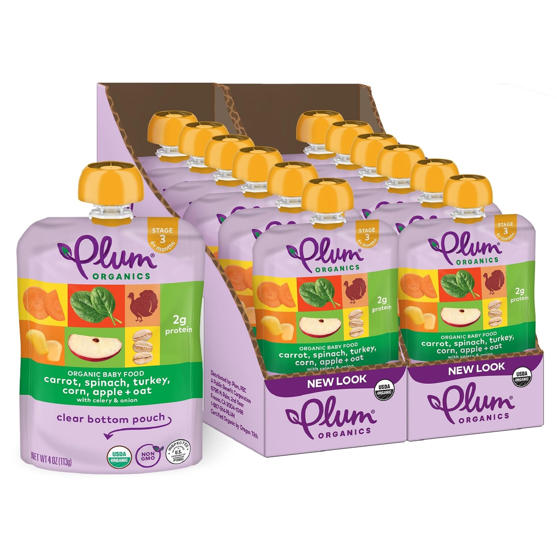 Plum Organics Stage 3 Organic Baby Food - Carrot, Spinach, Turkey, Corn, Apple, And Oat - 4 Oz Pouch (Pack Of 12) - Organic Baby