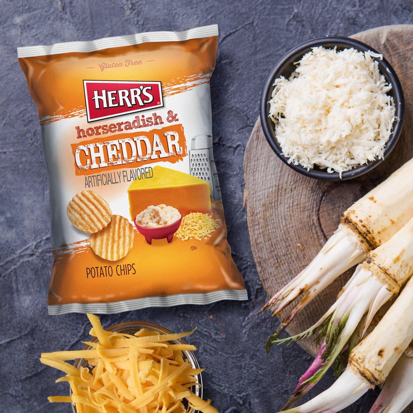Herrs Potato Chips, Horseradish and Cheddar Flavor, Gluten Free Snacks, 6oz Bag (6 Count)