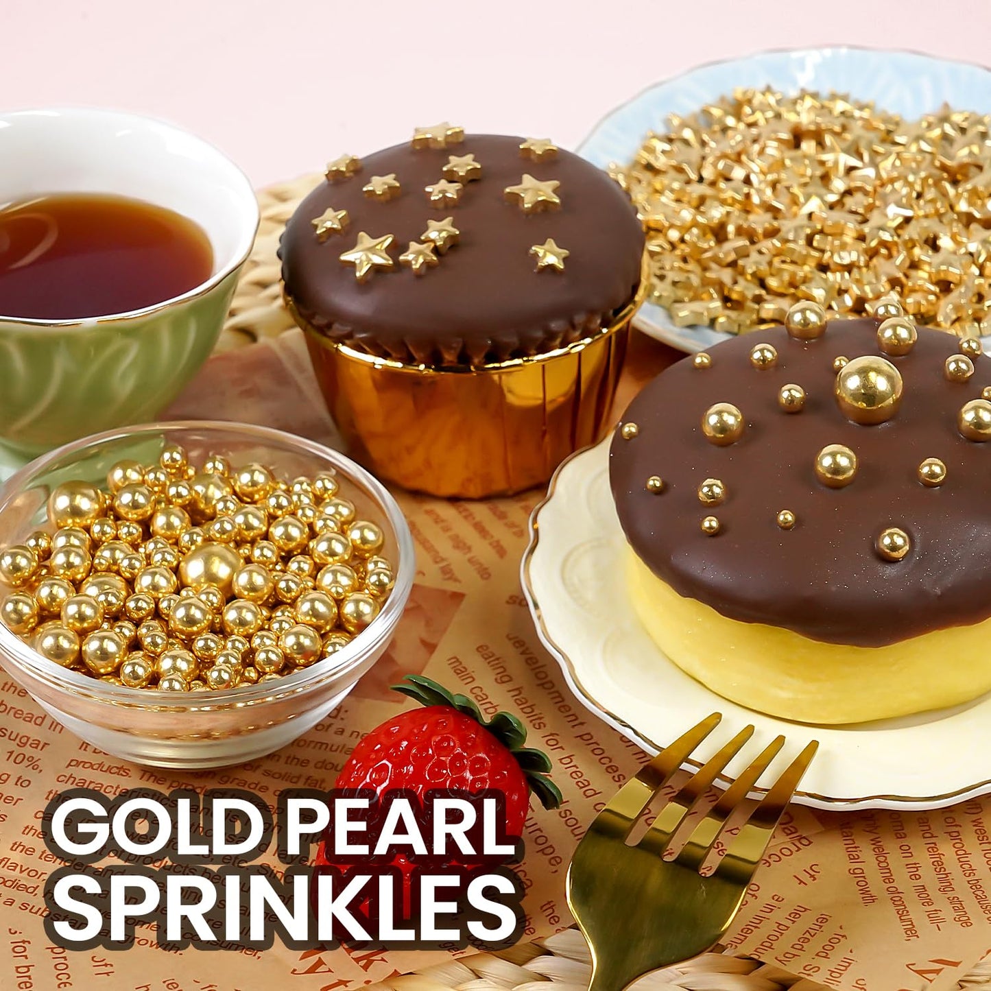 Joyvitas Gold Pearl Dessert Sprinkles, Edible Sugar Candy Pearls, 150g/5.29oz for Cake Decorating, Cupcakes, Cookies