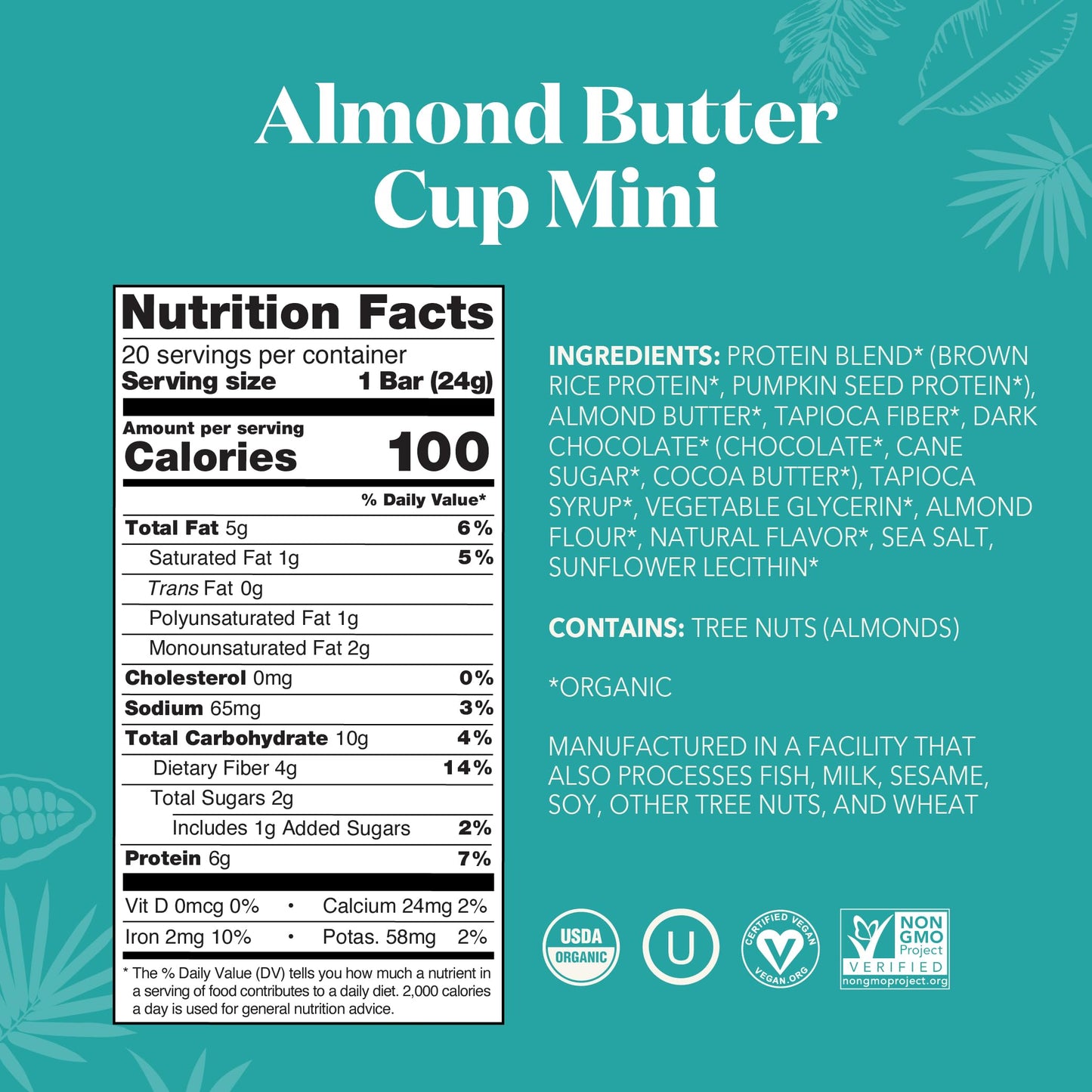 ALOHA Organic Plant Based Protein Bar MINIS - Almond Butter Cup, Vegan, Low Sugar, Gluten Free, 20 Count