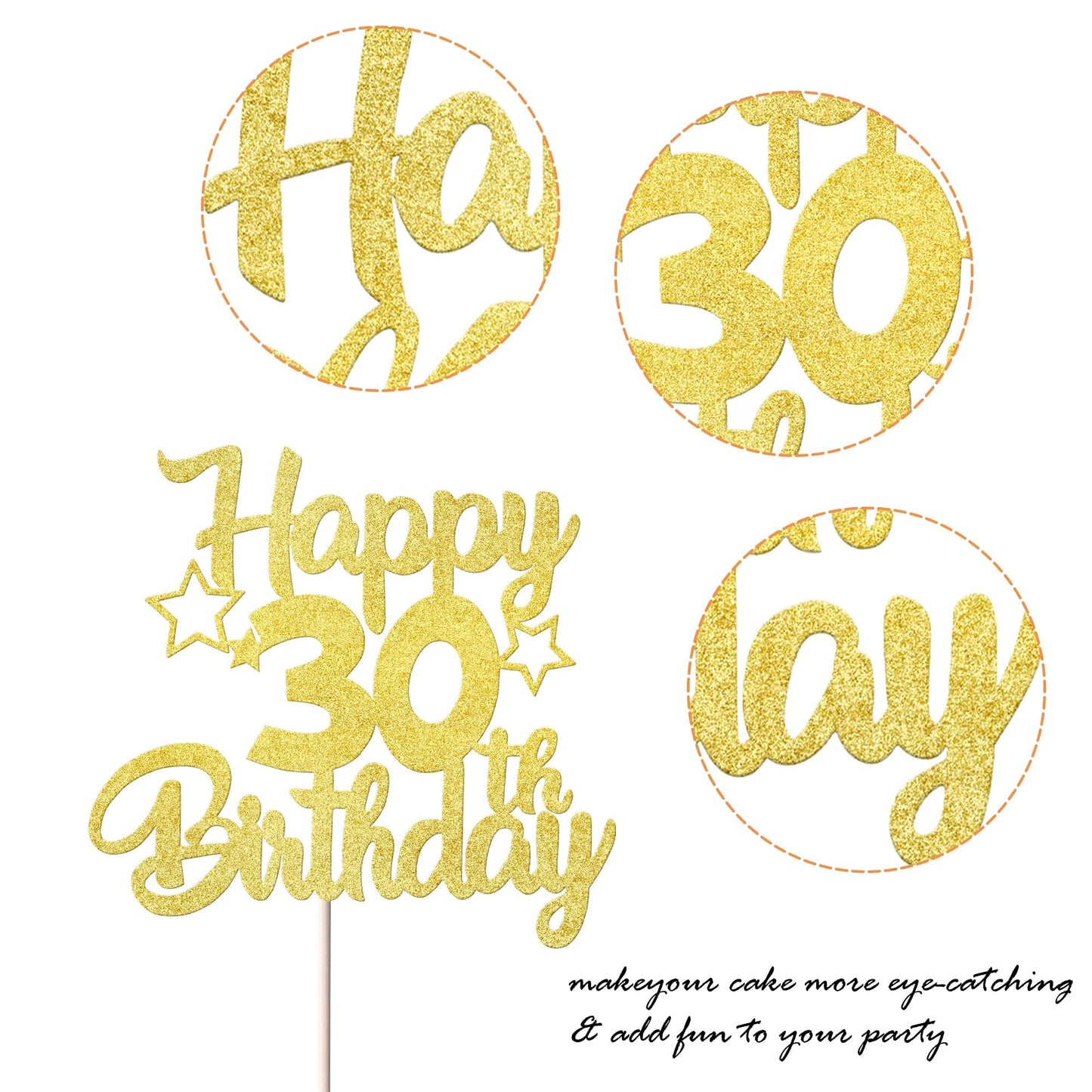YCTHUNFISH 30th Birthday Cake Topper, Glitter Heart & Star Design, Gold, Paper, Party Supplies