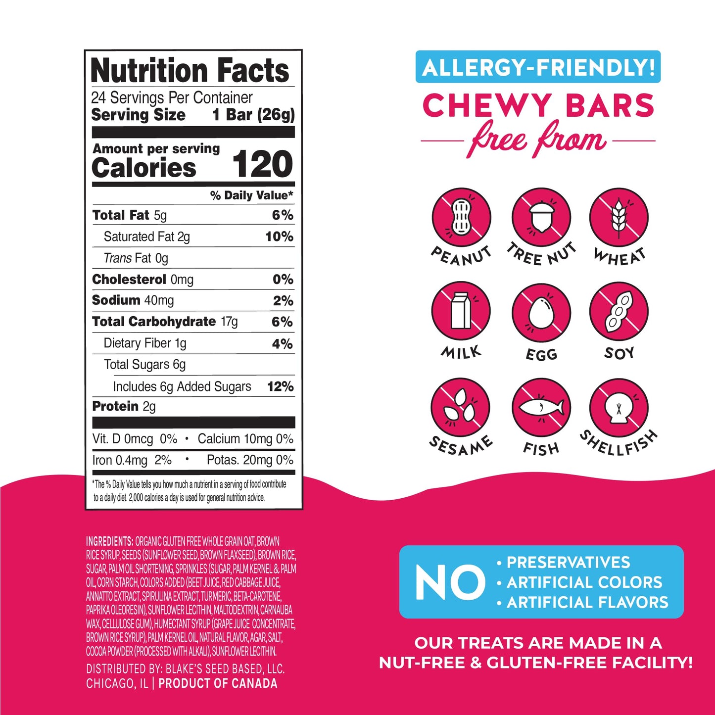 Blakes Seed Based Chewy Granola Bars - Birthday Cake (24 Count), Vegan, Gluten Free, Nut Free & Dairy Free, Healthy Snacks For K