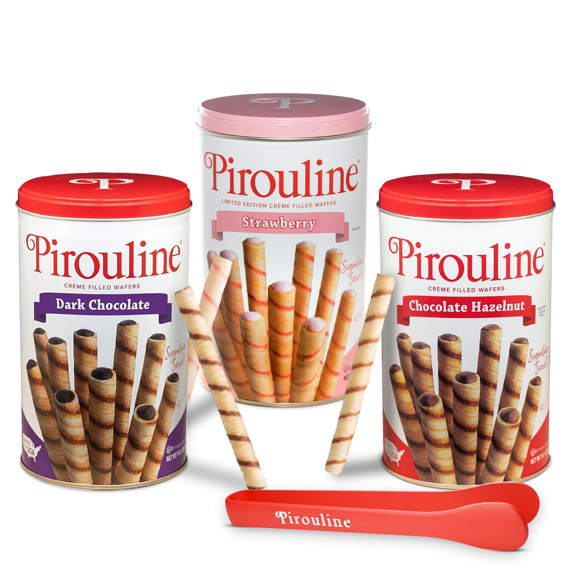Pirouline Rolled Wafers - Dark Chocolate  Chocolate Hazelnut  And Strawberry - Best Flavor Mix  Bundled With Serving Tongs  Crme Filled Wafers For Coffee  Tea  Ice Cream  Snacks  Parties  Gifts  And More - 14.1Oz Tins 3Pk