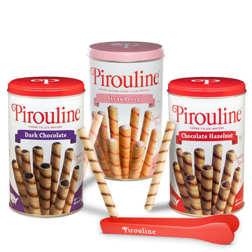 Pirouline Rolled Wafers - Dark Chocolate  Chocolate Hazelnut  And Strawberry - Best Flavor Mix  Bundled With Serving Tongs  Crme Filled Wafers For Coffee  Tea  Ice Cream  Snacks  Parties  Gifts  And More - 14.1Oz Tins 3Pk