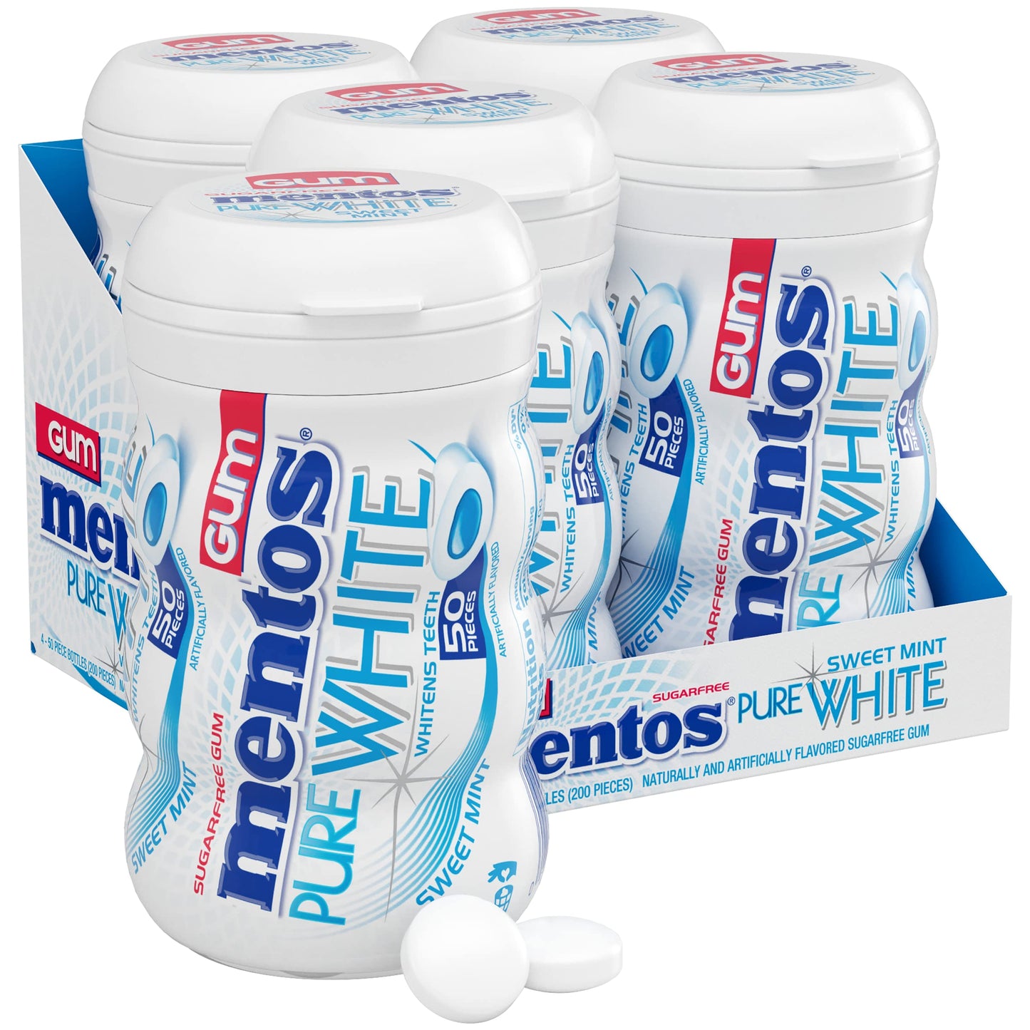 Mentos Pure White Sugar-Free Chewing Gum With Xylitol, Sweet Mint, 50 Piece Bottle (Bulk Pack Of 4)