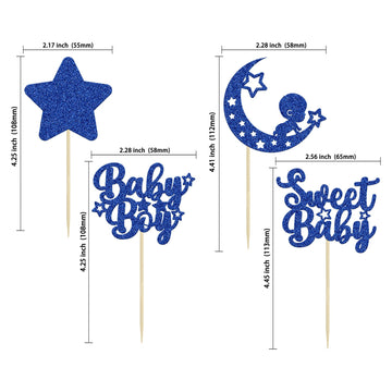 Gyufise 24Pcs Baby Shower Boy Cupcake Toppers Glitter Star Moon Sweet Baby Boy Cupcake Picks Baby Shower Boys Birthday Party Cak