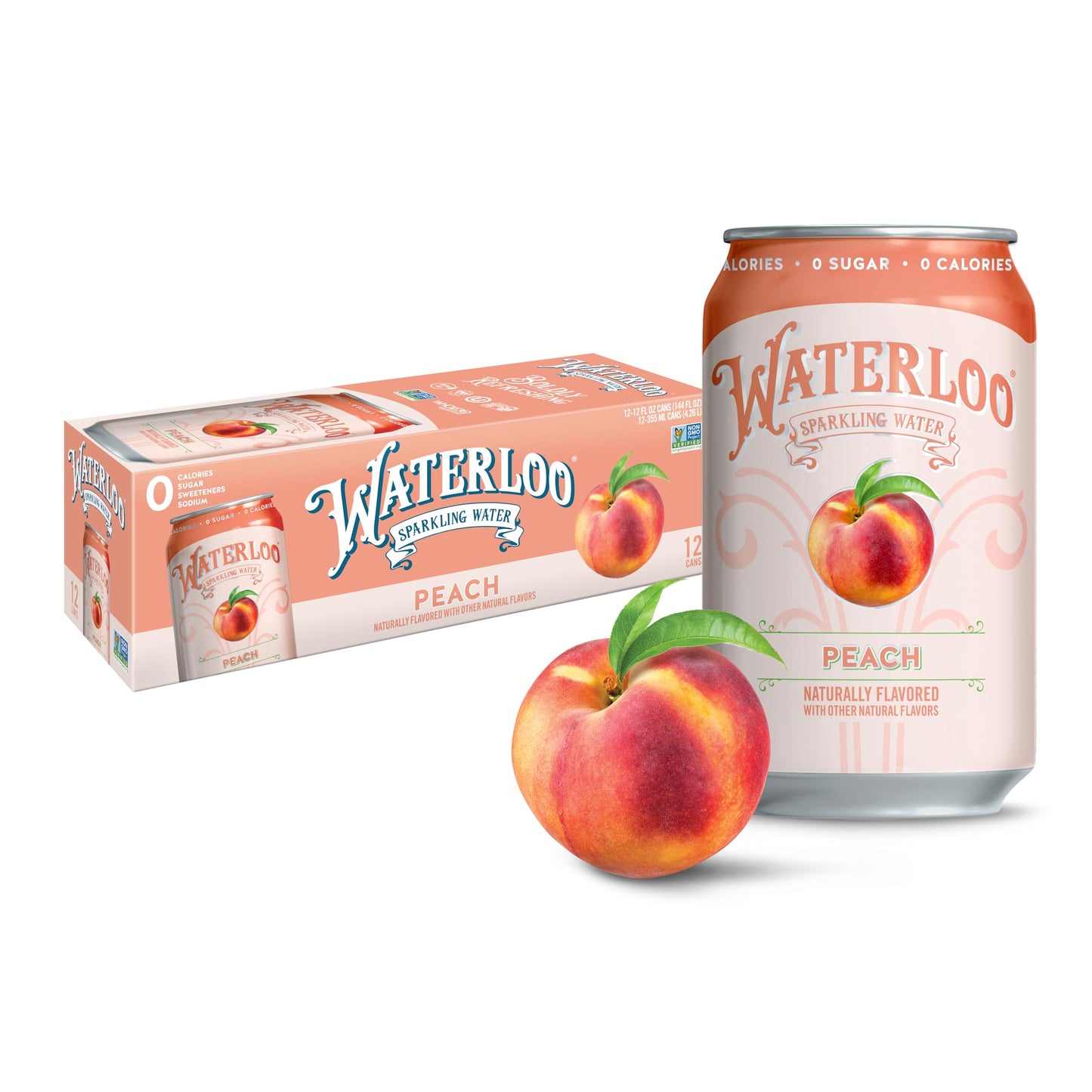 Waterloo Sparkling Water, Peach Naturally Flavored, 12 Fl Oz Cans (Pack of 12) - Zero Calories and Zero Sugar or Sweeteners