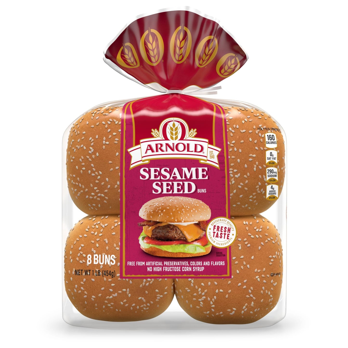 Arnold Sesame Seed Buns, 8 count, (2.0 oz each), White Hamburger Buns, 16 oz Bag