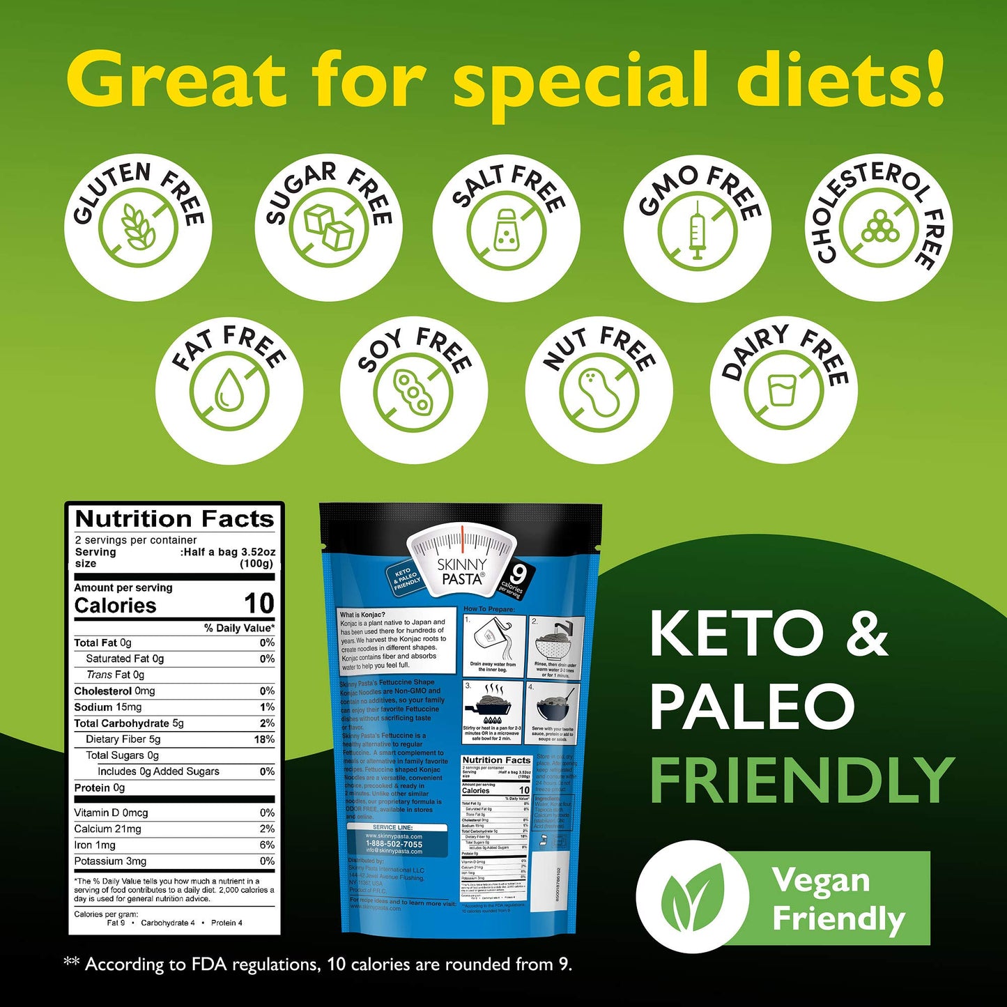Skinny Pasta 9.52 oz - Shirataki Noodles The Only Odor Free 100% Konjac Noodle - Keto & Paleo Friendly - Carb Free - Low Calorie