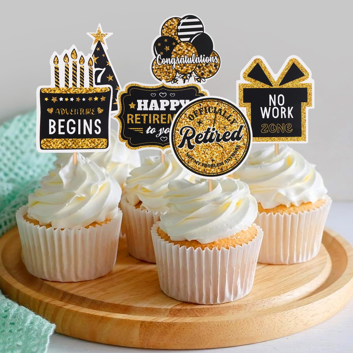 60 Pcs Happy Retirement Cupcake Toppers, Gold Retired Cake Toppers Picks Retirement Cupcake Toppers Retirement Decoration Happy