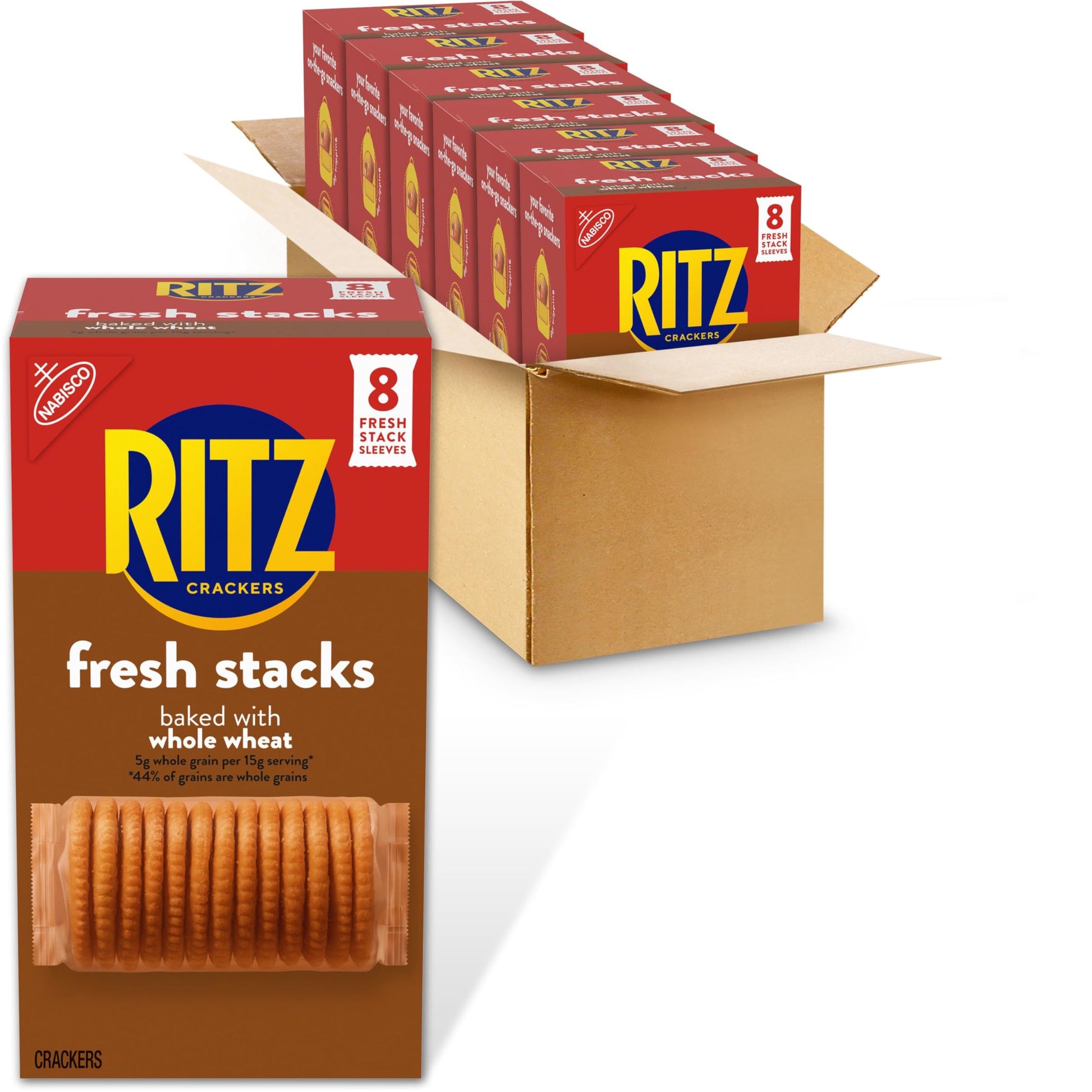 RITZ Fresh Stacks Whole Wheat Crackers, Bulk Travel Snacks, Holiday Crackers, 6 Boxes (48 Multi Snack Packs)