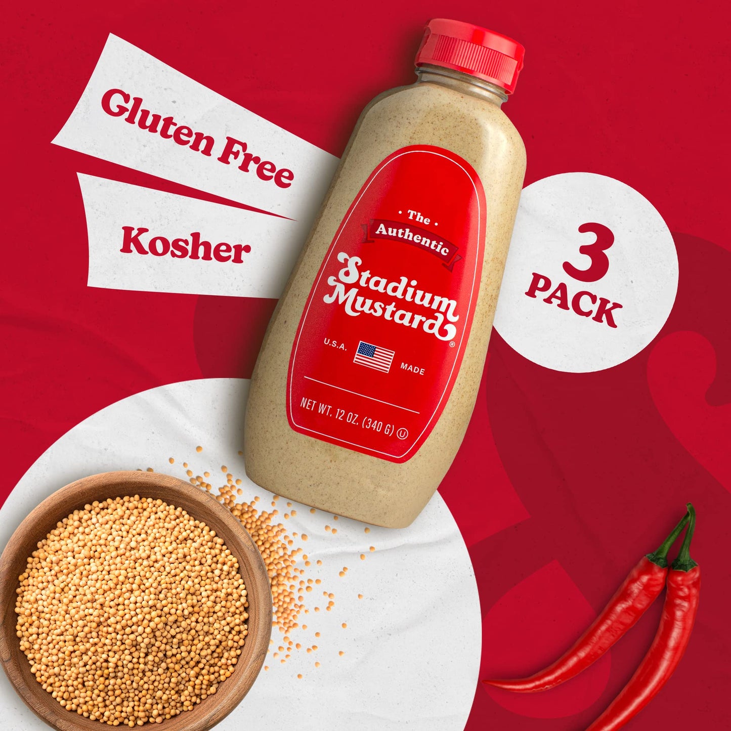 The Authentic Stadium Mustard - Classic Condiment for Hot Dogs & Hamburgers, Gluten Free, Sugar Free, Fat Free, 12oz (Pack of 3)