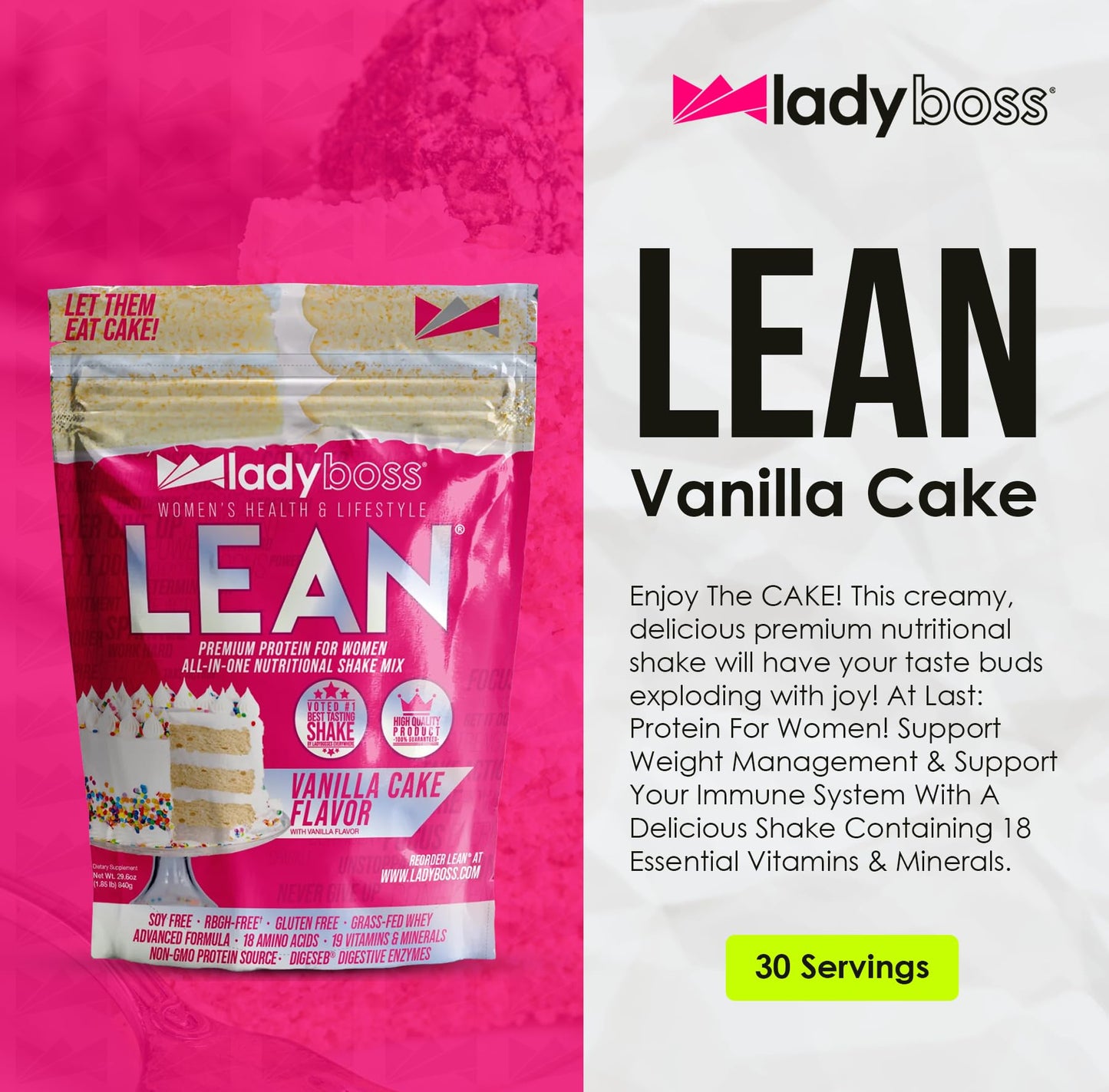 LadyBoss Lean Protein Shake - Vanilla Cake Flavor, Meal Replacement with 18 Nutrients, 31 oz, 30 Servings