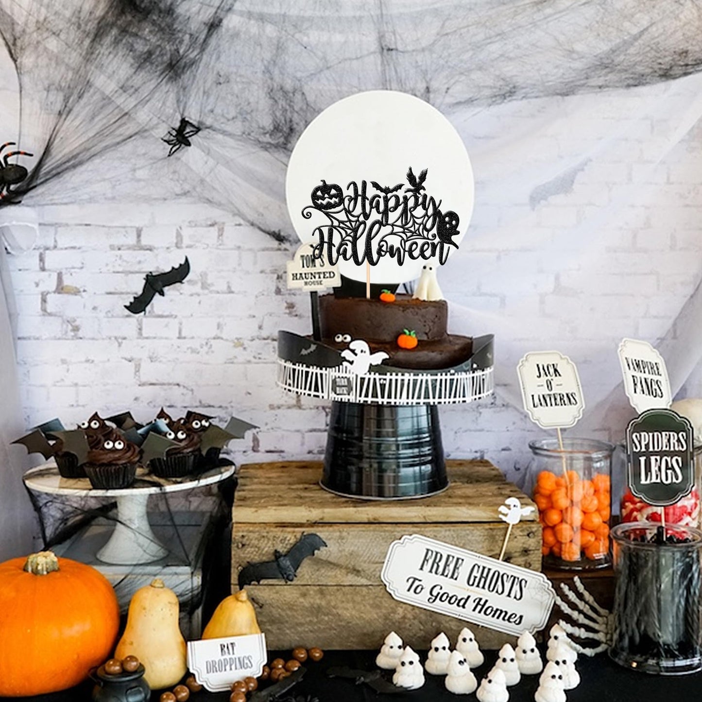 1 Pcs Happy Halloween Cake Topper Black Glitter Spider Web Pumpkin Bat Ghost Halloween Cake Pick Halloween Cake Decoration For H