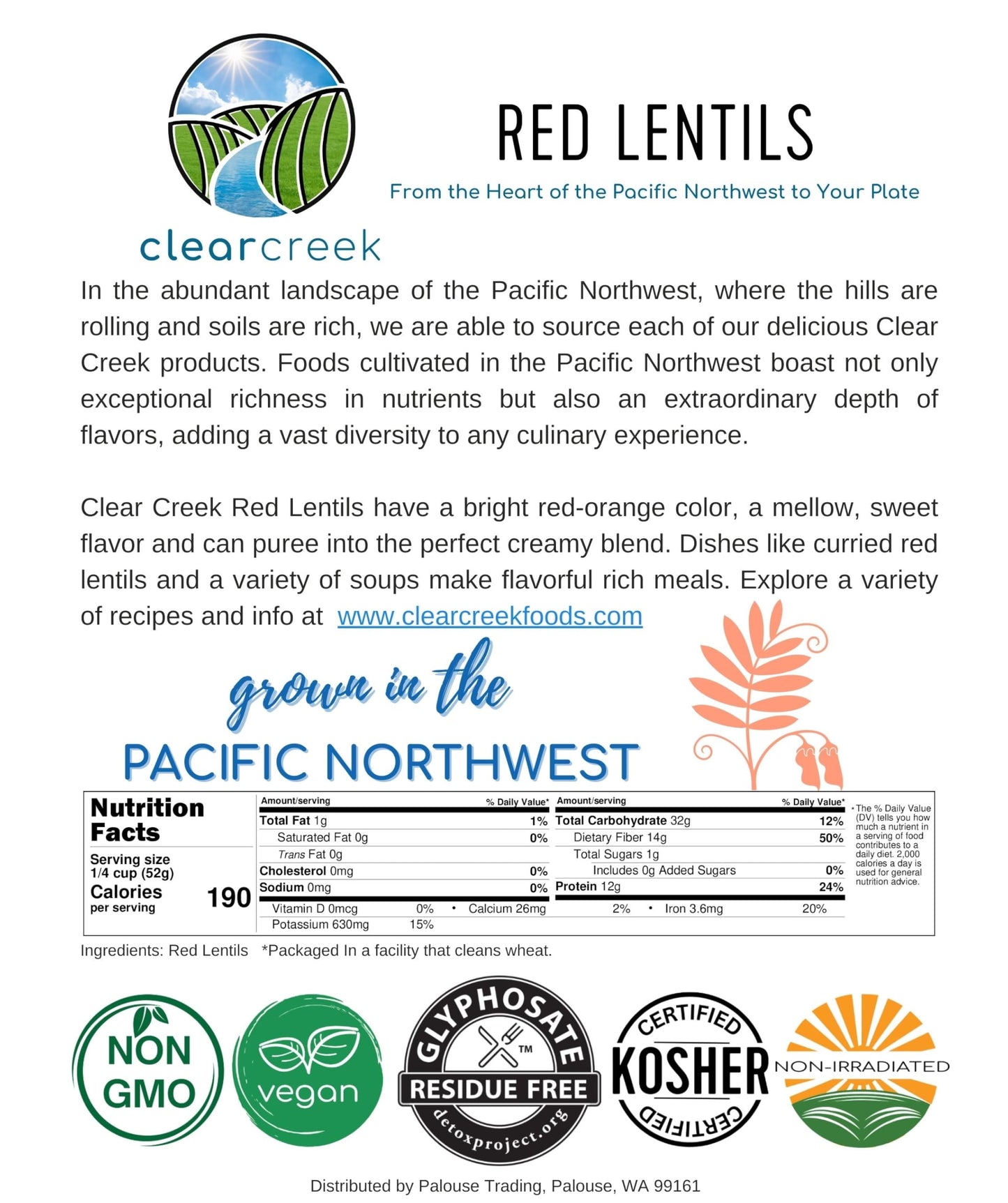 Certified Glyphosate Residue Free Red Lentils | 1 Lb | Non-Gmo | Kosher | Vegan