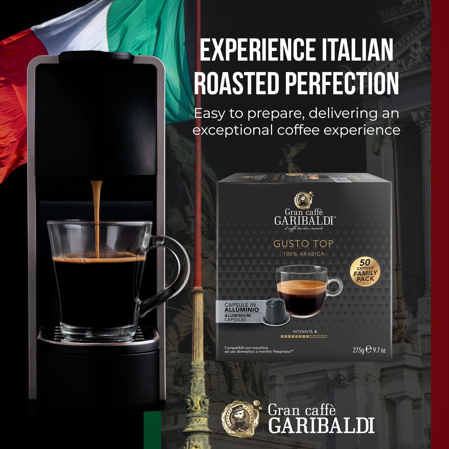 Caffè Garibaldi Espresso Pods, 100% Arabica, Compatible with Nespresso Original, 200 Count, Aluminum, Cocoa Aroma