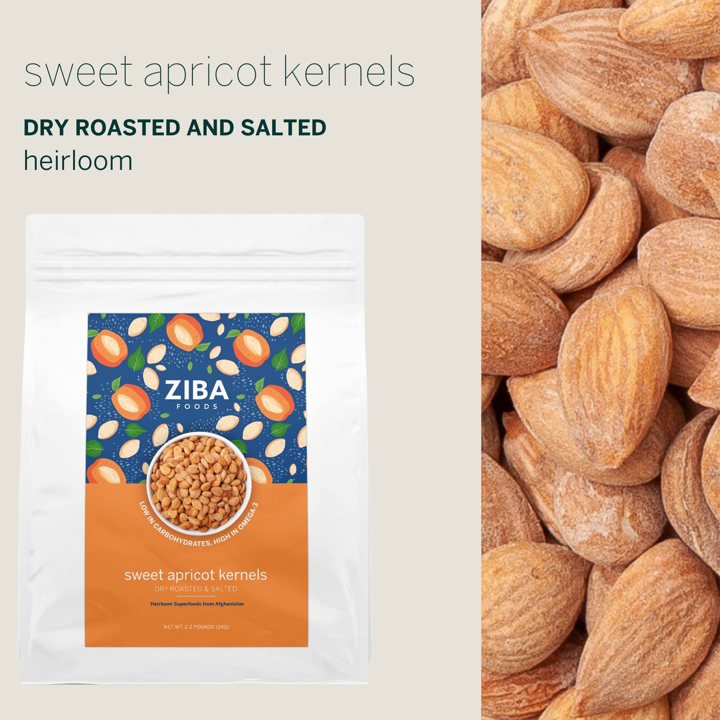 Ziba Foods Wild Grown Sweet Apricot Kernels, Non-GMO, Vegan, 2.2 lbs
