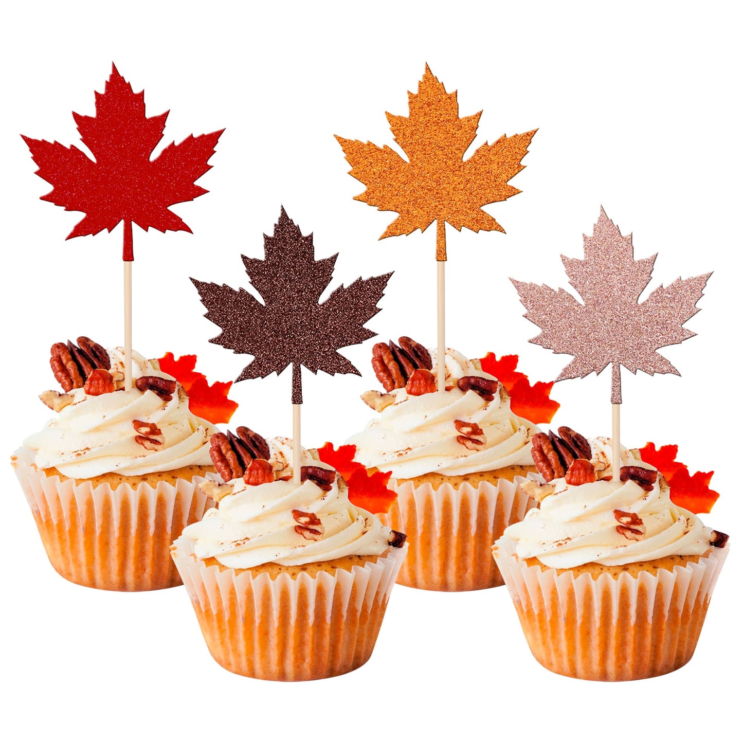 36 Pcs Glitter Maple Leaf Cupcake Toppers Fall Theme Cupcake Picks Fall Harvest Thanksgiving Party Cake Decorations Supplies Mix