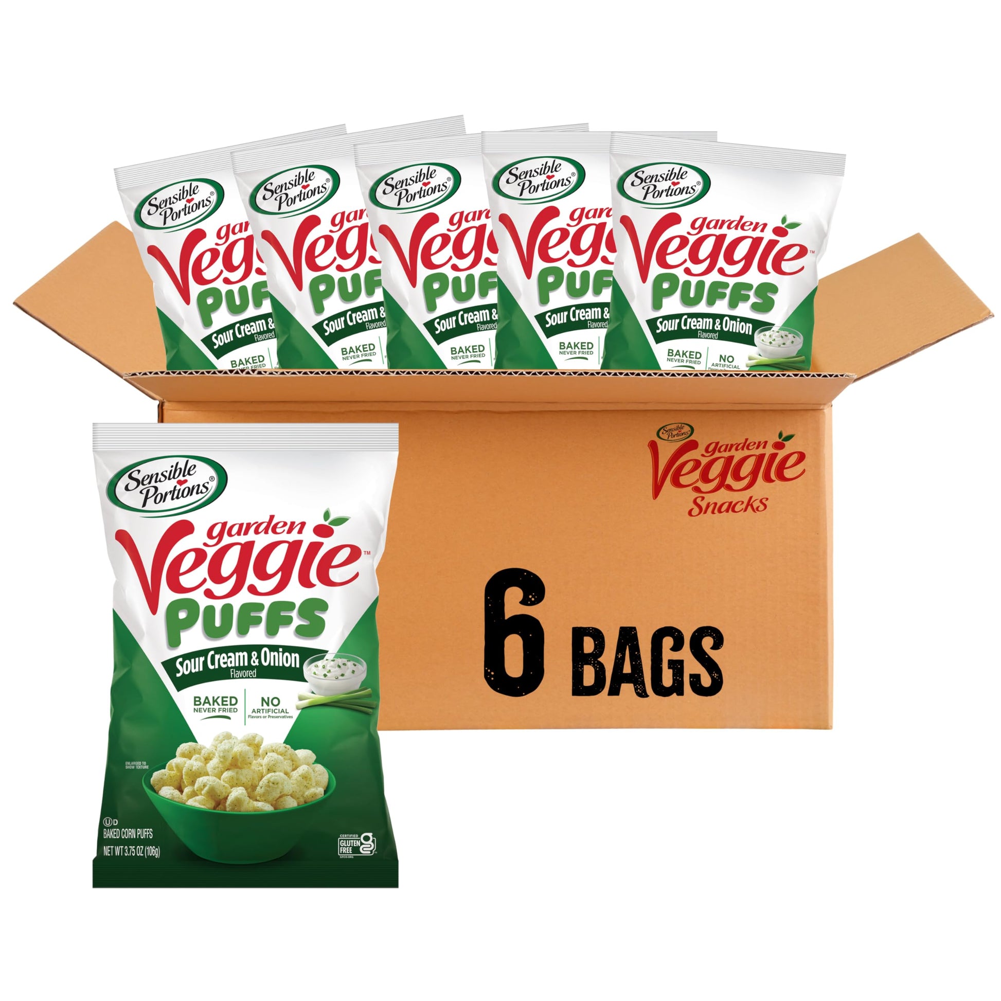 Sensible Portions Veggie Puffs, Sour Cream & Onion, Gluten-Free, 3.75 Ounce Bag, 6-Pack