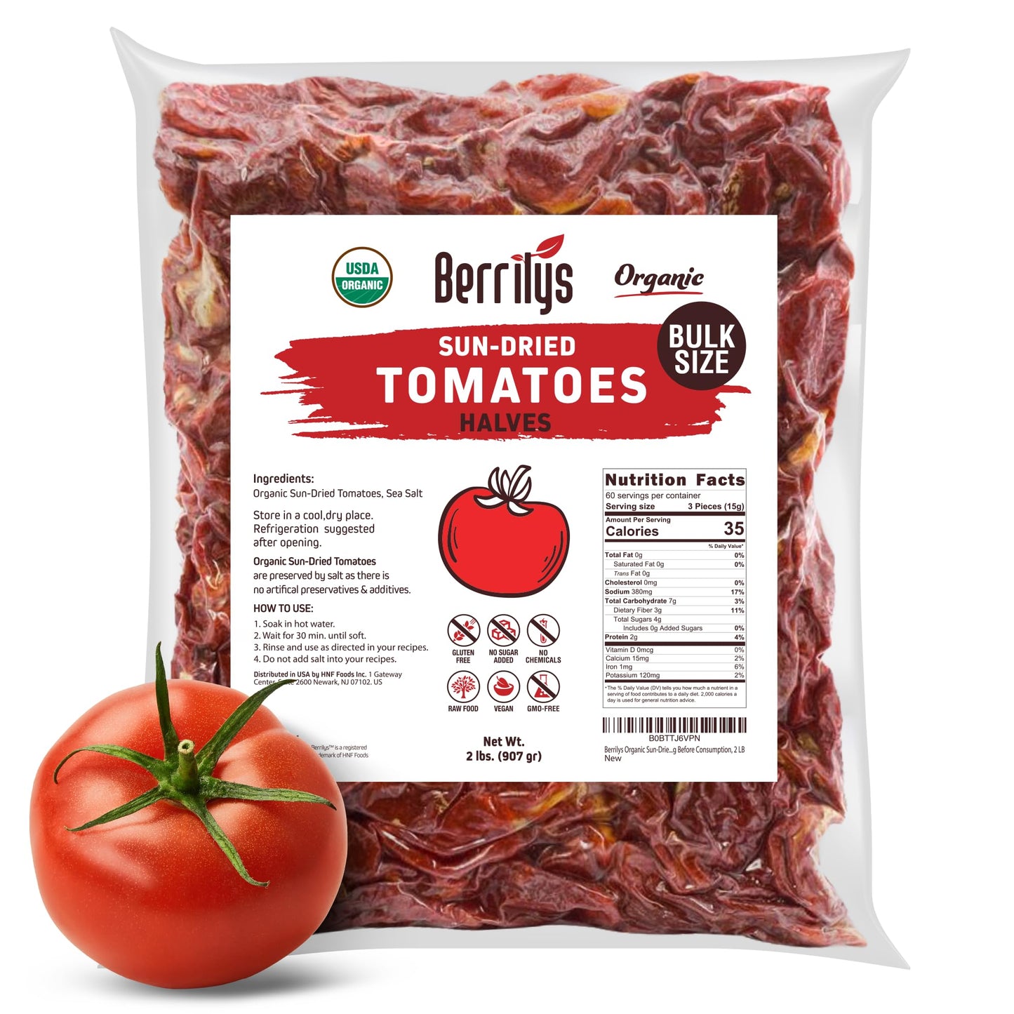 Sun-Dried Tomatoes, 2 LBS, USDA Organic, Berrilys, No Sulfur, No Preservatives, Seasalt is used as natural preservative, Raw, No