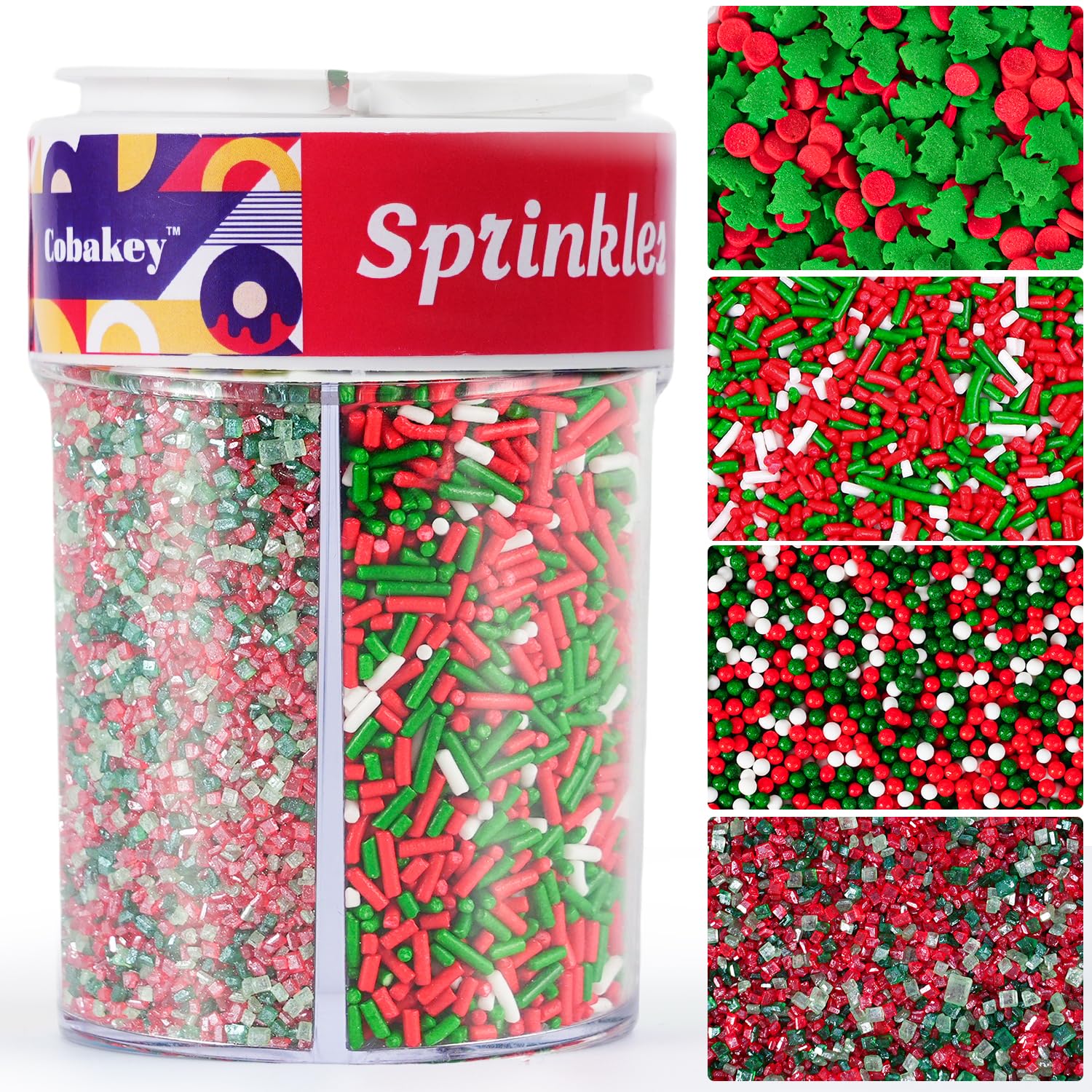 Christmas Sprinkles Mix 4 Cell Holiday Assortment 6.5 Oz Edible Red Green White Jimmies  Nonpareils  Christmas Tree Confetti & Sanding Sugar For Cakes Decorating Xmas Cookies  Cupcakes & Holiday Desserts