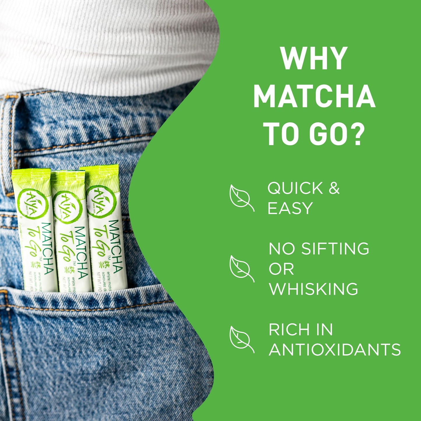AIYA Matcha To Go Single Serve Packs - Ceremonial Grade Pure Matcha Green Tea Powder, 10 Count, Convenient Travel Size