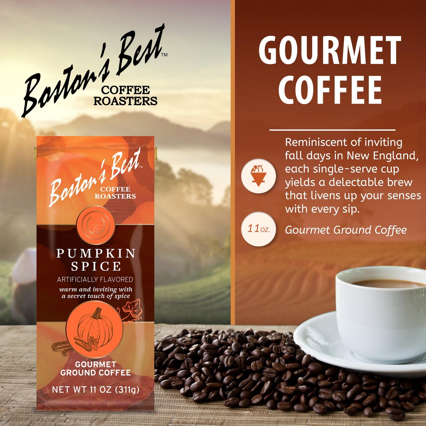 Bostons Best Pumpkin Spice Coffee, Medium Roast, 11 oz Ground Coffee, Multi-Color, Gourmet Flavor