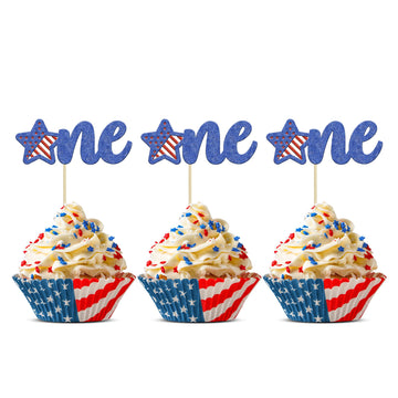 Gyufise 24Pcs Glitter Patriotic One Cupcake Toppers 4Th Of July Patriotic 1St Birthday Cake Decorations For 4Th Of July 1St Birt