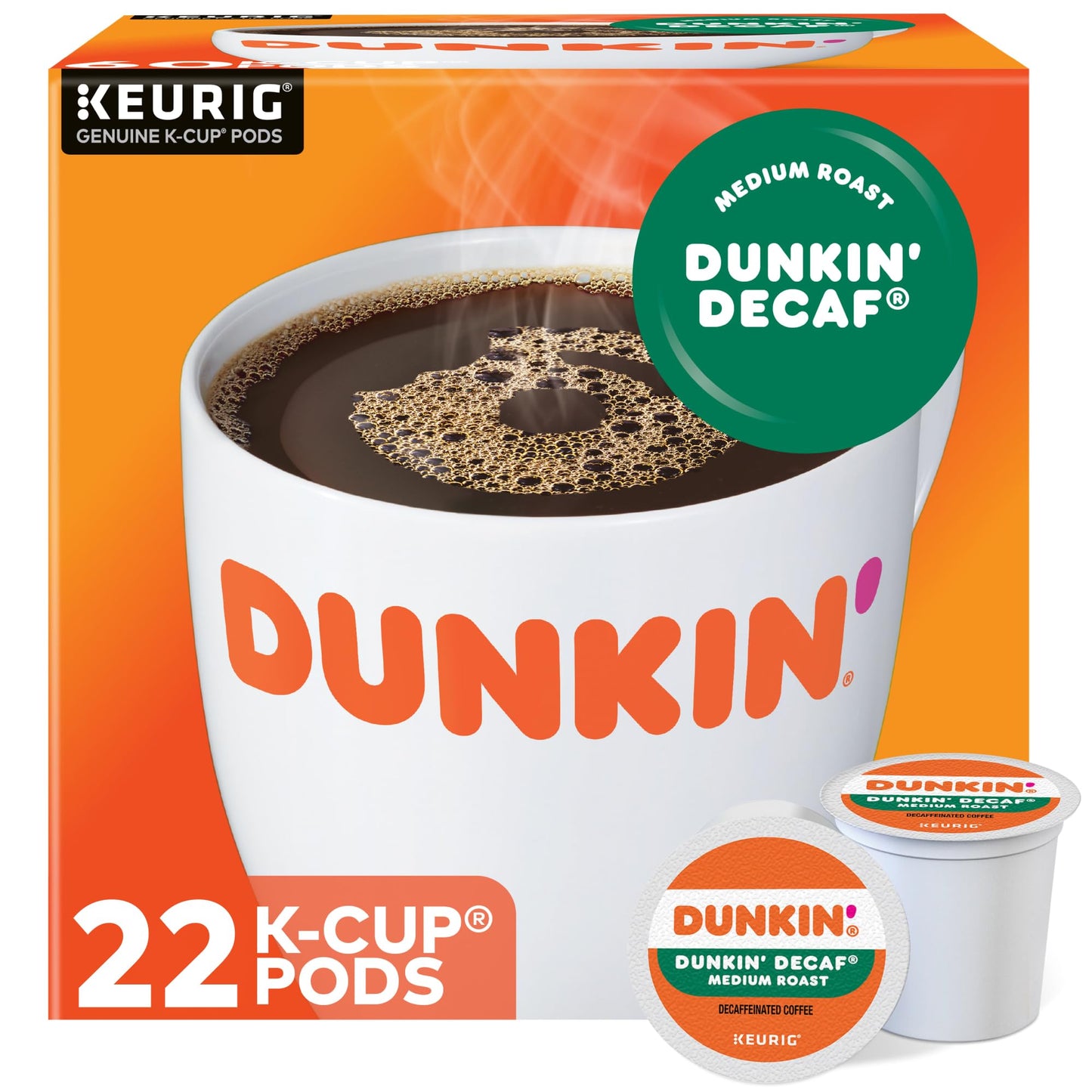 Dunkin Donuts Decaf Medium Roast Coffee K-Cup Pods, 22 Count, Coffee Flavor