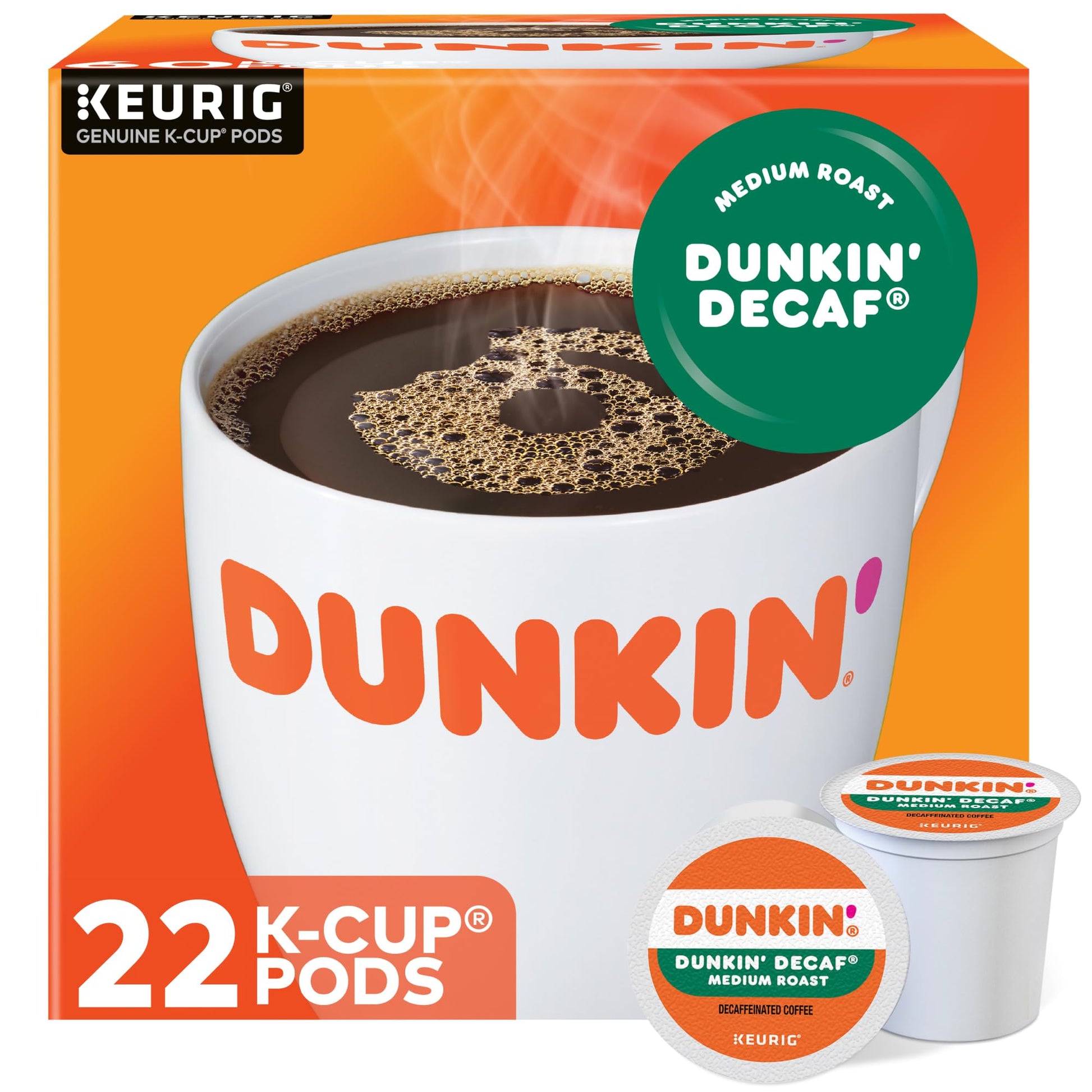 Dunkin Donuts Decaf Medium Roast Coffee K-Cup Pods, 22 Count, Coffee Flavor