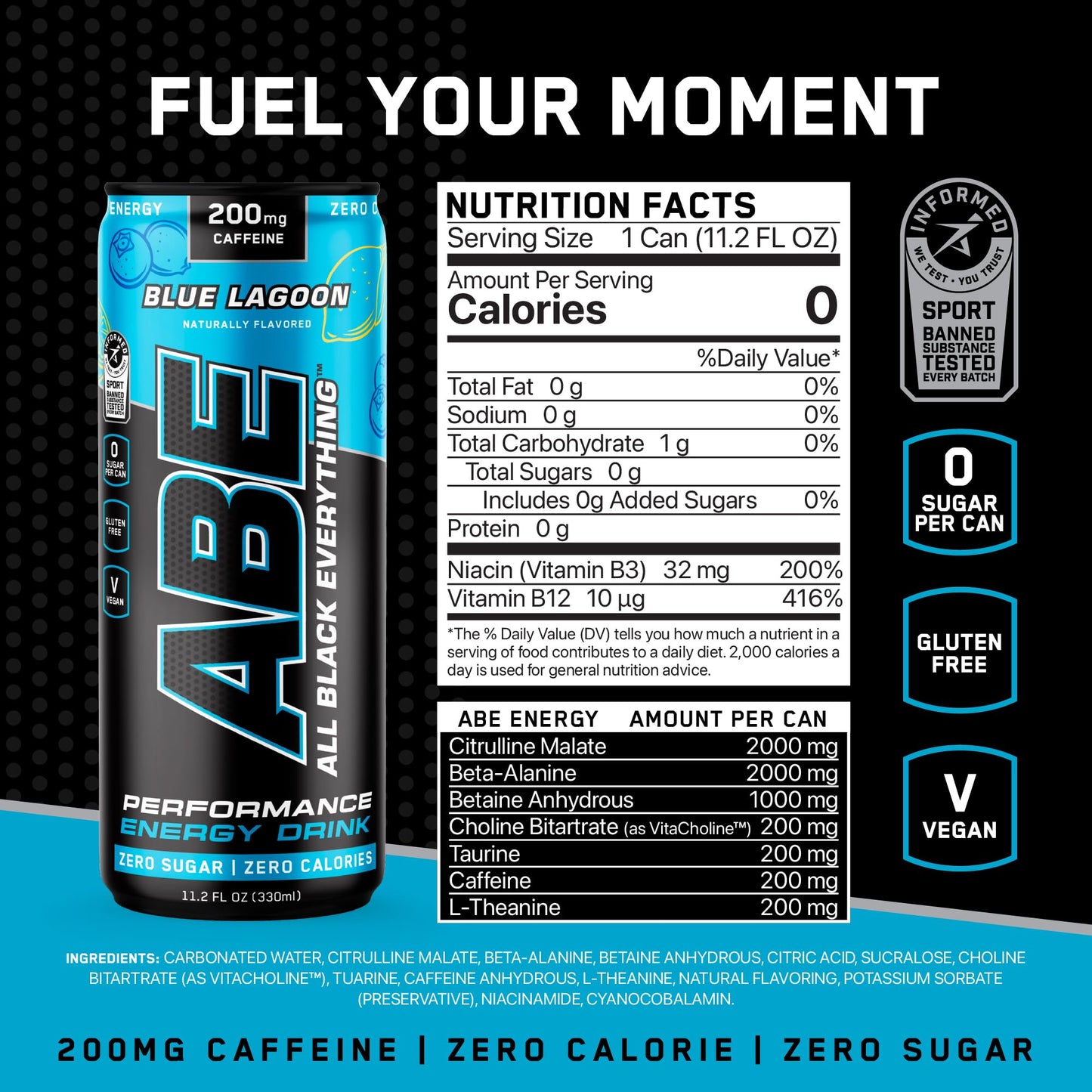ABE All Black Everything Sugar Free Energy Drink, Blue Lagoon, 200mg Caffeine, 12 Pack, 0 Calories