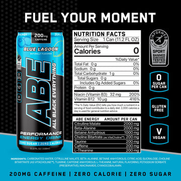 ABE All Black Everything Sugar Free Energy Drink, Blue Lagoon, 200mg Caffeine, 12 Pack, 0 Calories
