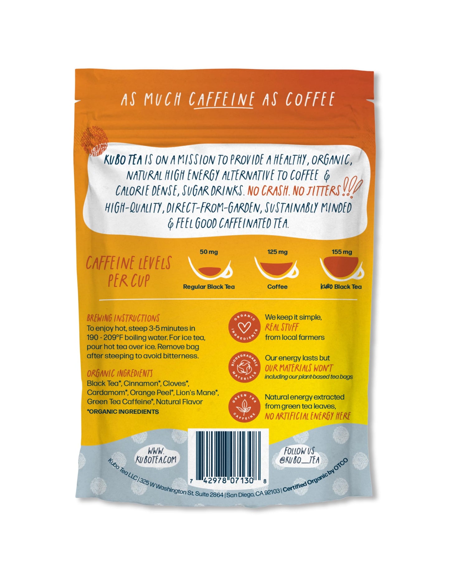 Kubo Tea High Caffeine Mushroom Tea Bags – Organic Lion’s Mane Chai, 20 Ct, Compostable Packaging