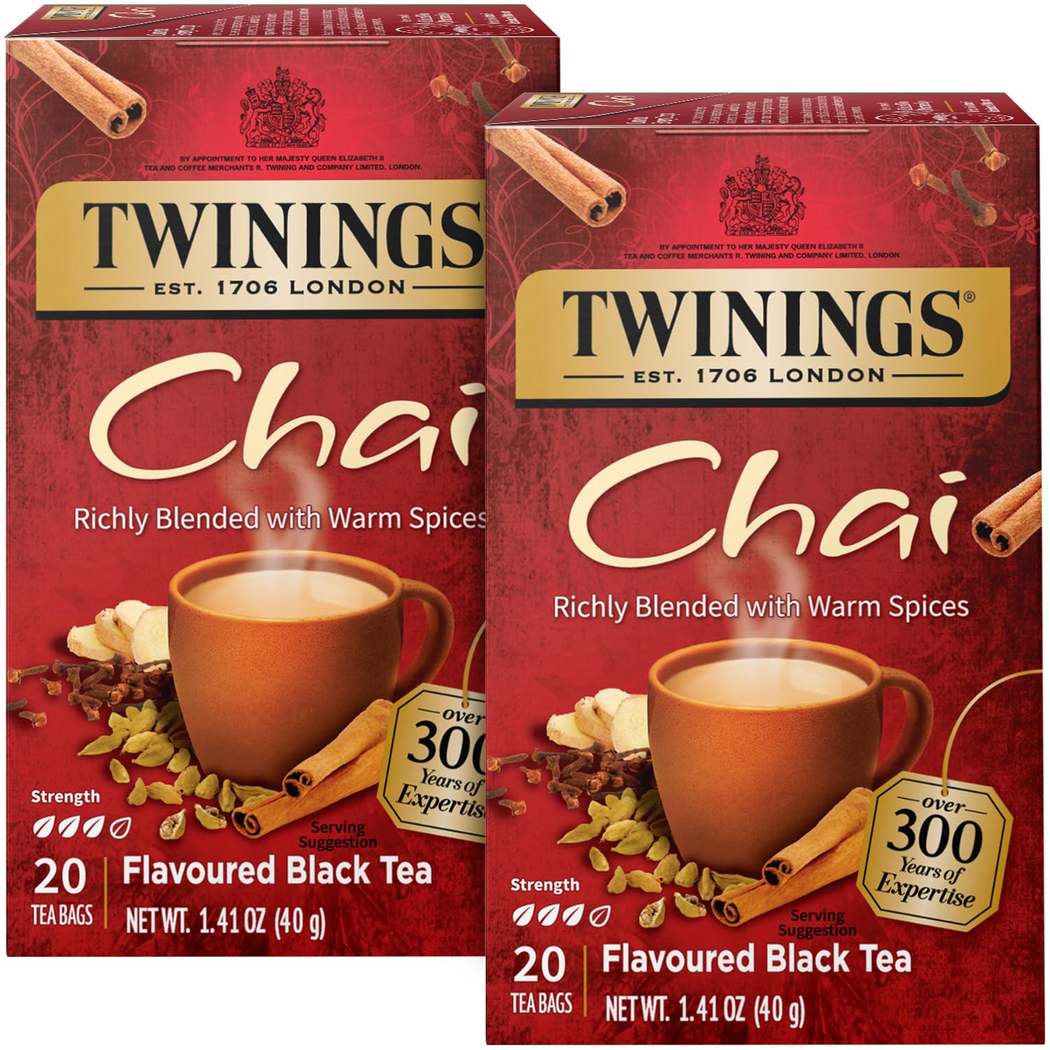 Twinings Chai Tea, Caffeinated Black Tea Naturally Flavored With Aromatic Spices And Ginger, Tea Bags Individually Wrapped, 20 C