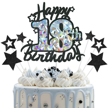 Happy 18th Birthday Cake Topper, Black Glitter and Gem Patterns Card Stock Cake Toppers, 18 Year Birthday Party Cake Decoration