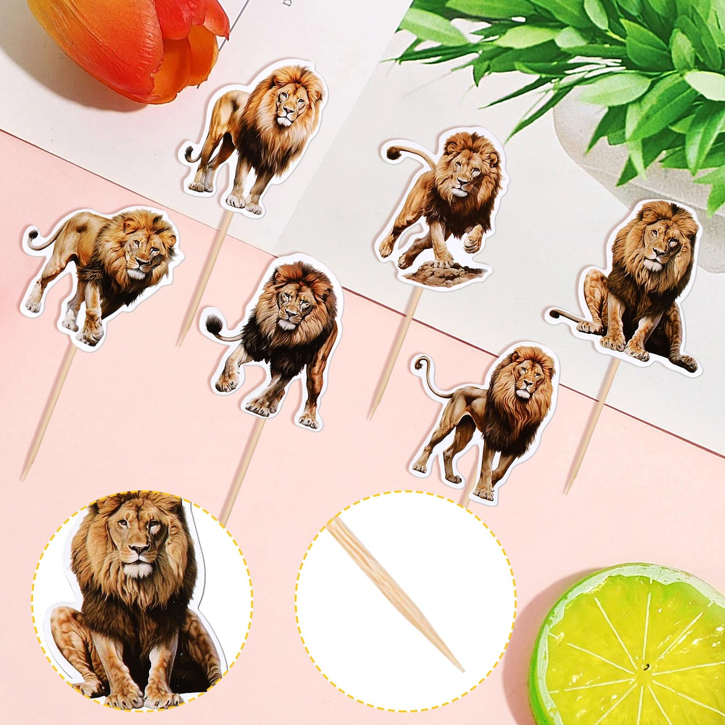 36 Pcs Prairie Lion Cupcake Picks - Jungle Safari Animal Decor - Lion Cupcake Toppers - Baby Shower Birthday Party Cake Decorati