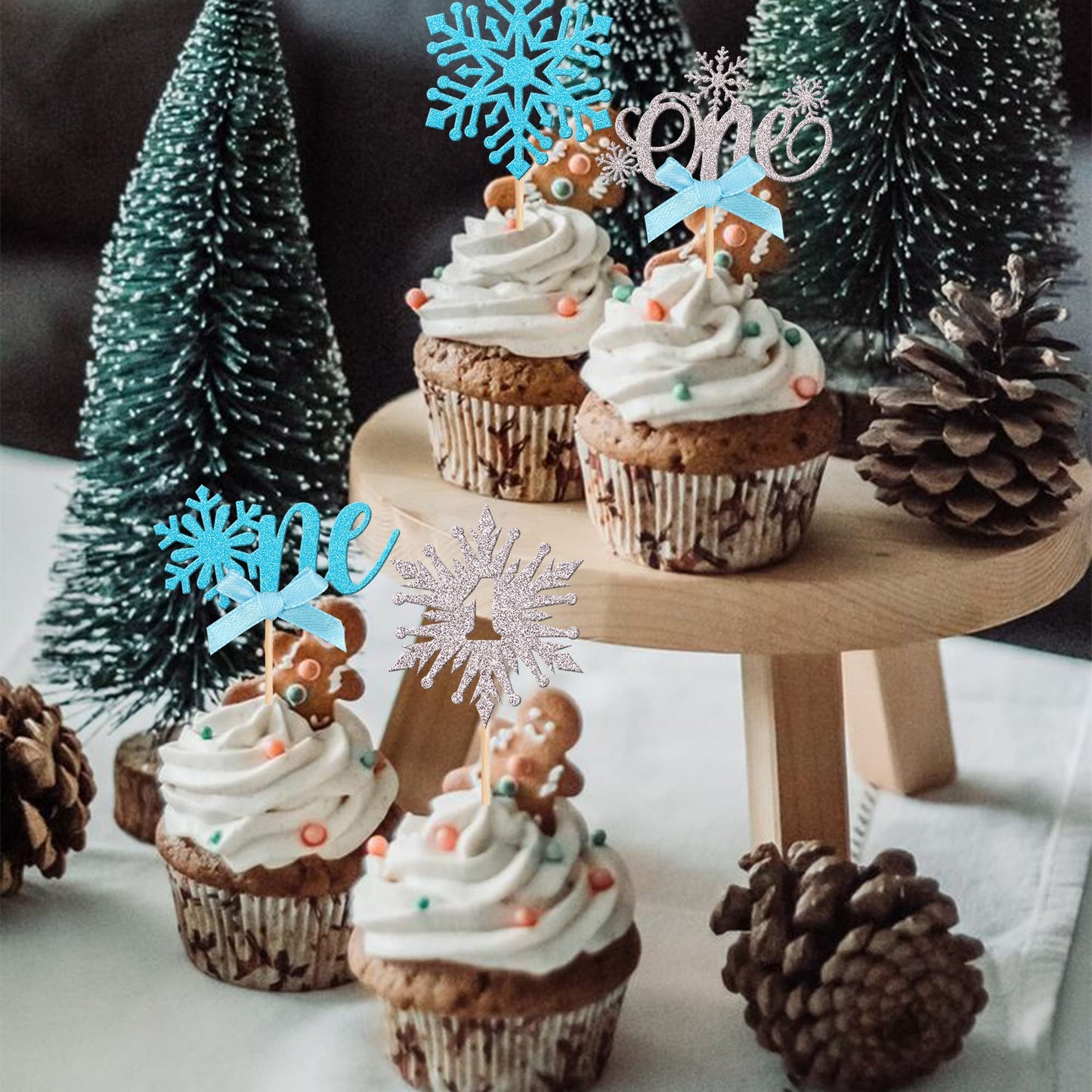 24 Pcs Snowflake One Cupcake Toppers With Glitter Bow First Birthday Snowflake Cupcake Picks For Winter Onederland Theme Baby Sh