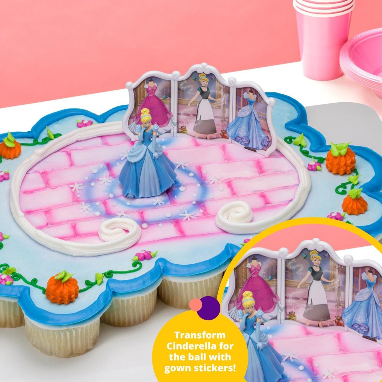 DecoSet Disney Princess Cinderella Transforms Cake Topper, 4-Piece Birthday Cake Decorations Set with Figurine and Dress Sticker