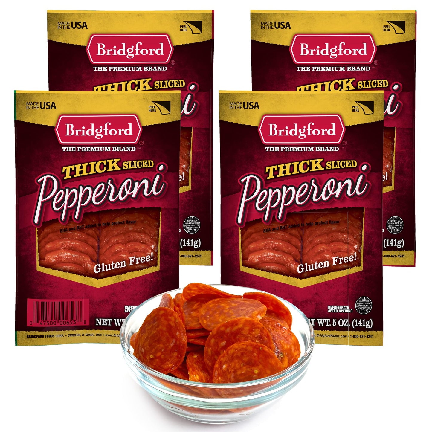 Bridgford Thick Sliced Pepperoni 5 oz Pack of 4 - Thick Pepperoni Slices for Pizza and Sandwiches - Zero-Carb Thick Sliced Peppe