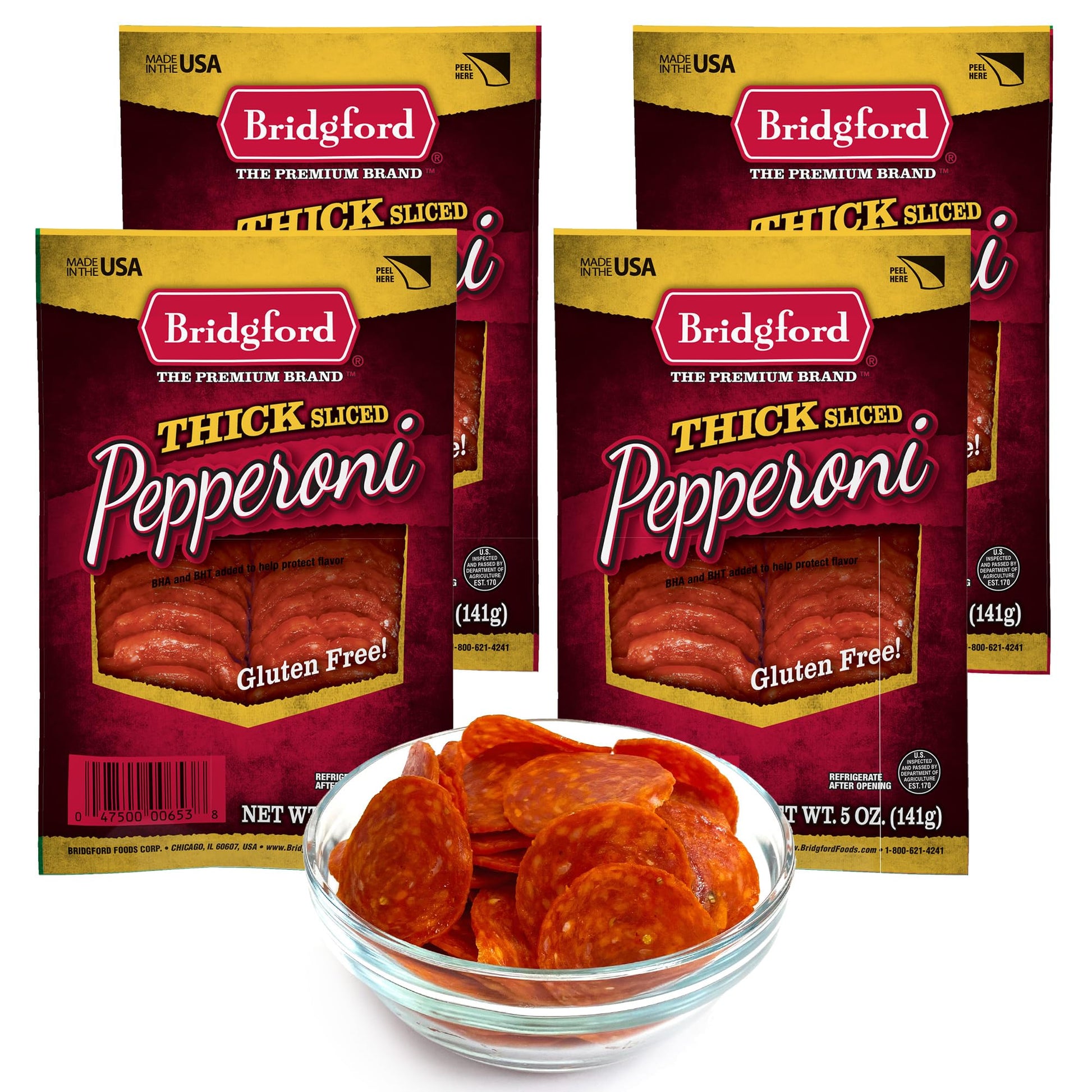 Bridgford Thick Sliced Pepperoni 5 oz Pack of 4 - Thick Pepperoni Slices for Pizza and Sandwiches - Zero-Carb Thick Sliced Peppe
