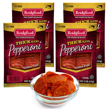 Bridgford Thick Sliced Pepperoni 5 oz Pack of 4 - Thick Pepperoni Slices for Pizza and Sandwiches - Zero-Carb Thick Sliced Peppe