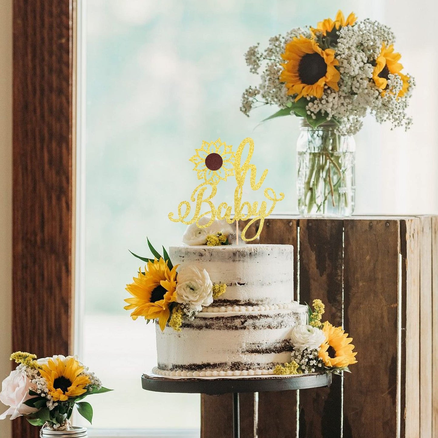 1 Pcs Sunflower Oh Baby Cake Topper Glitter Gender Reveal Oh Baby Sunflower Cake Pick For Baby Shower Kids Boys Girls Birthday P