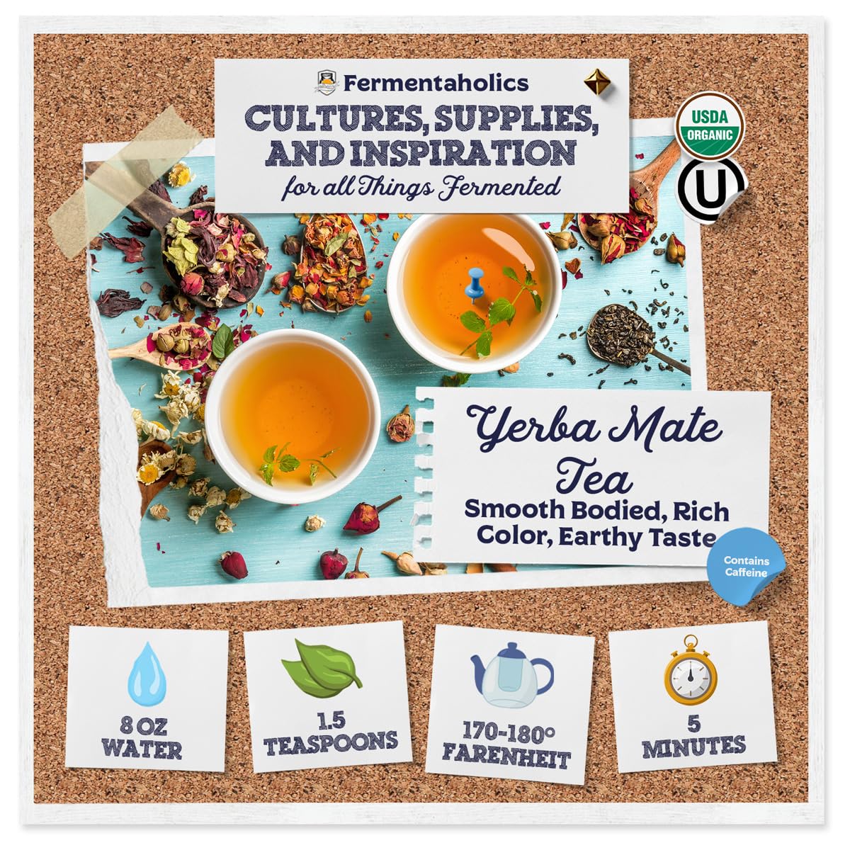 Fermentaholics Usda Certified Organic Loose-Leaf Yerba Mate Tea - Perfect For Homebrewing Kombucha, Hot Tea, And Iced Tea - Ou K